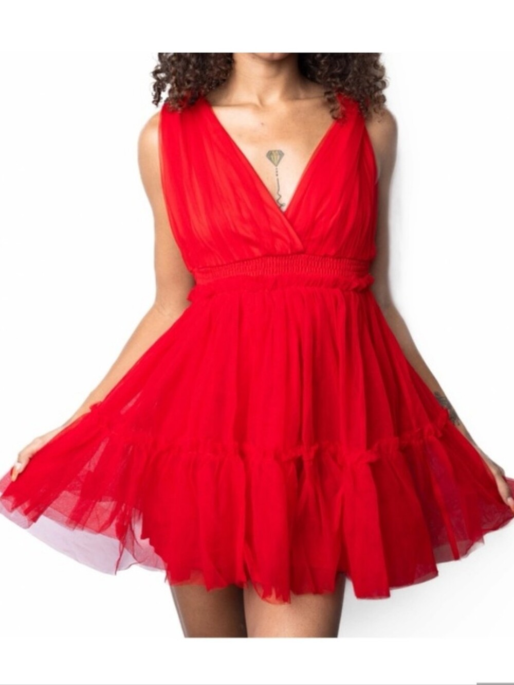 Thirty Thirty LA Mesh V-Neck Tiered Tulle Mini Dress Red Womens Size L Babydoll